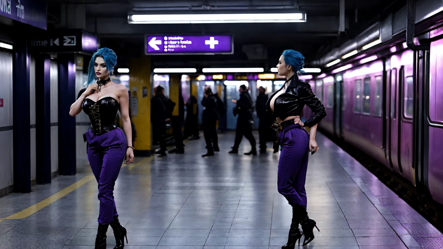jinx, blue hair, blue leahter corset, black jacket,naked big breast, purpble tight leahter Trousers, purple belt, black long high heels boots,standing in a Subway Station