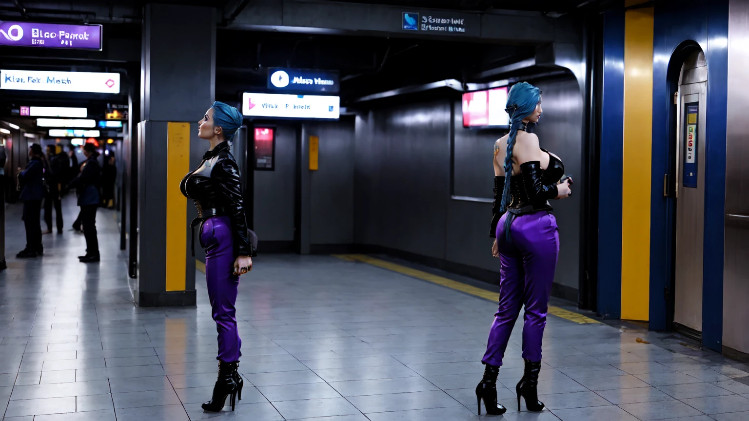 jinx, blue hair, blue leahter corset, black jacket,naked big breast, purpble tight leahter Trousers, purple belt, black long high heels boots,standing in a Subway Station