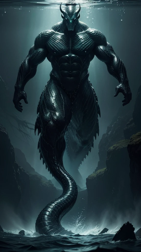 A massive creature with a long, serpentine neck rises from the dark waters of Loch Ness. Its scales glisten with droplets of water, and its eyes pierce through the fog with a menacing glare. The powerful muscles of its body ripple under the surface as it prepares to dive back into the depths