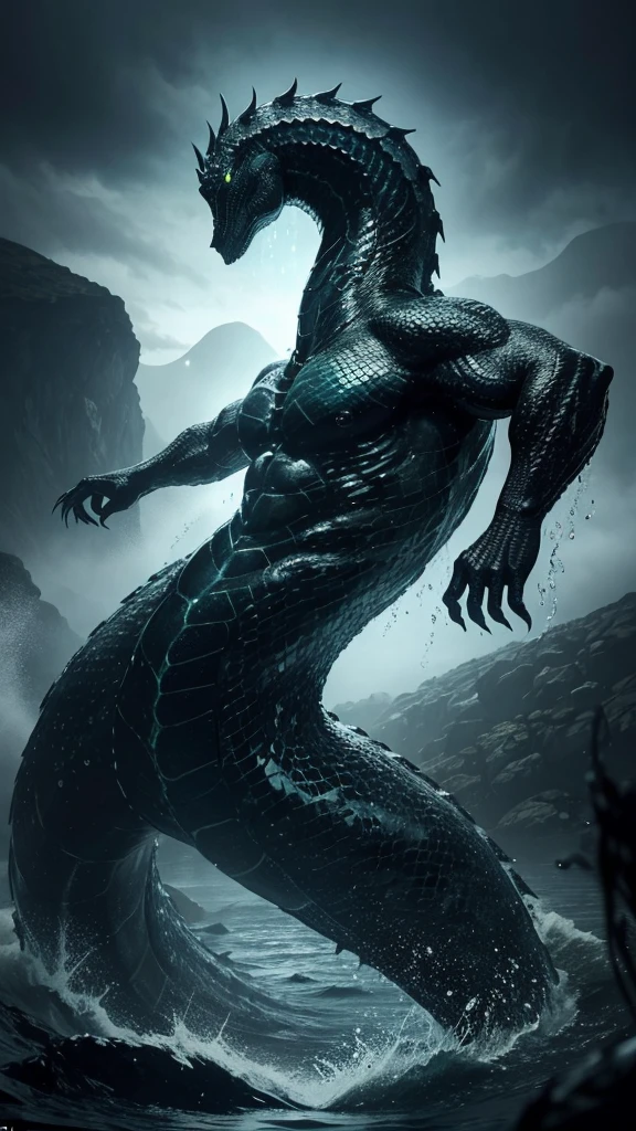 A massive creature with a long, serpentine neck rises from the dark waters of Loch Ness. Its scales glisten with droplets of water, and its eyes pierce through the fog with a menacing glare. The powerful muscles of its body ripple under the surface as it prepares to dive back into the depths