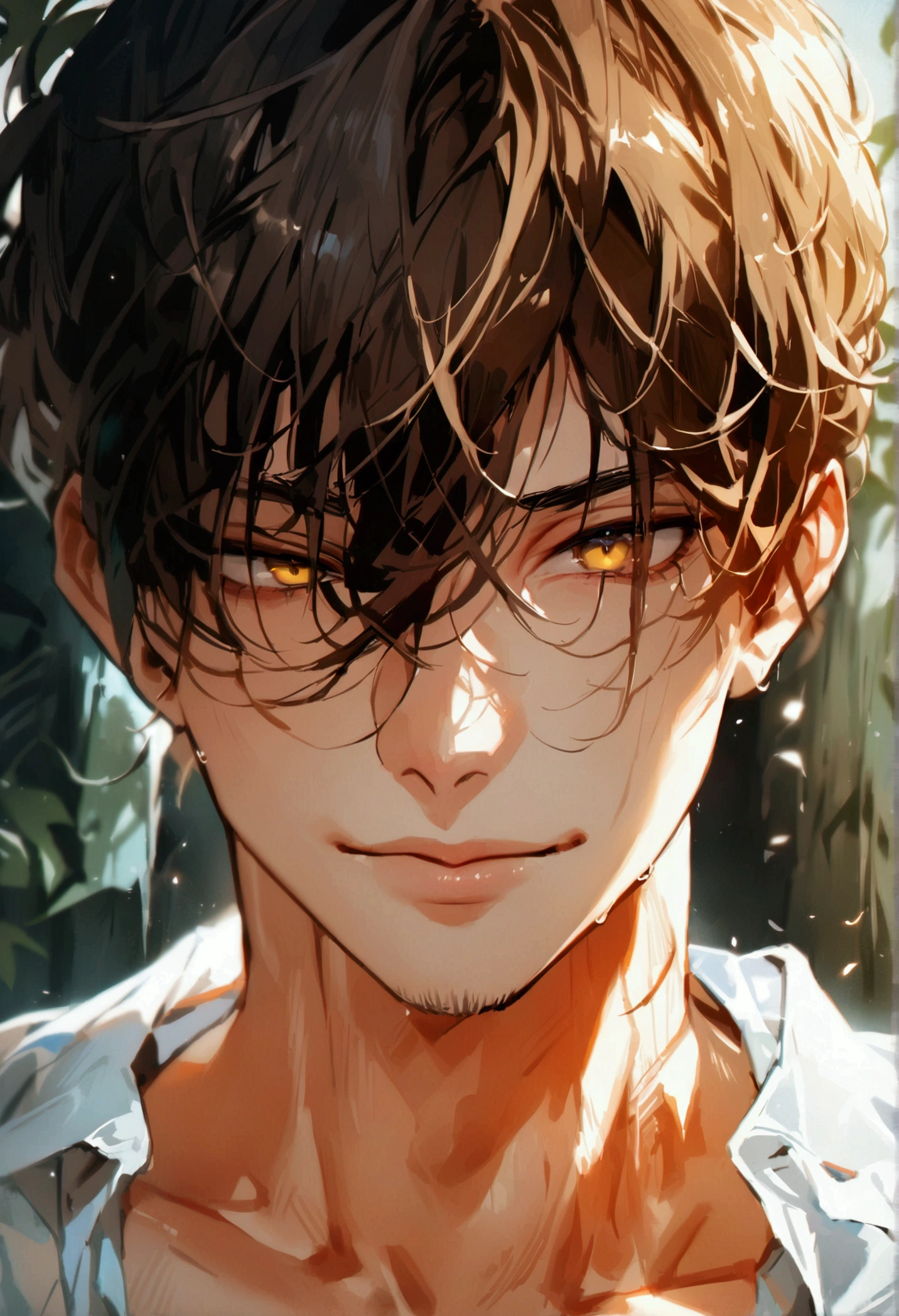 ((masterpiece)), ((best quality)), (from front), (close-up:1.2), (head-shot:1.2), perfect anatomy, 1man, solo, adult man, brown hair, yellow eyes, one eye covered, eyepatch, white shirt, weak smile