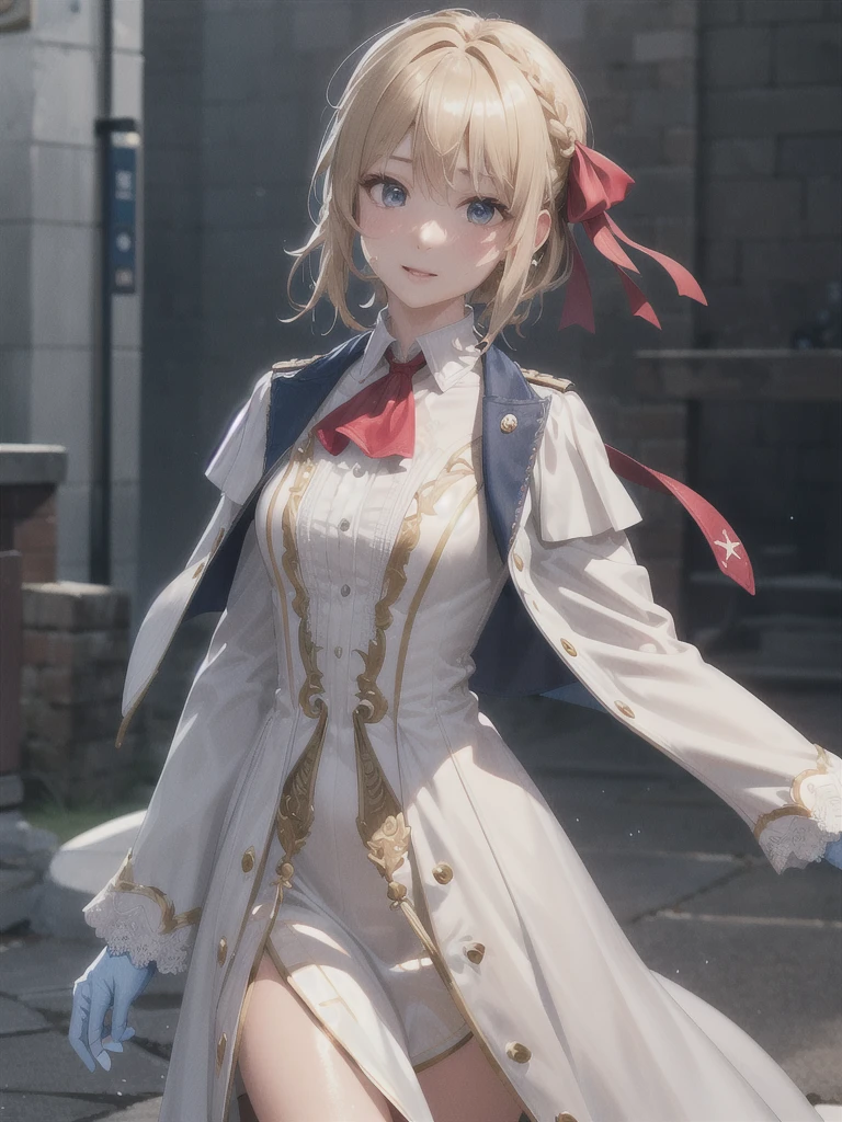 Great Joy:1.3, masterpiece, Highest quality, High resolution, Violet Evergarden, Braiding, Hair Ribbon, Red ribbon, jewelry, White Ascot, brooch, Blue jacket, Long sleeve, Brown gloves, White Dress, Long dress, Are standing, Cowboy Shot, Outdoor, unity 8k wallpaper, (figure:0.8), (Beautiful attention to detail:1.6), Highly detailed face, Perfect lighting, Highly detailed CG, (3D Face:1.1), (Shiny skin:1.5), (超High resolution intricate face details), (Facial skin pores:1.3), 超High resolution cloth texture