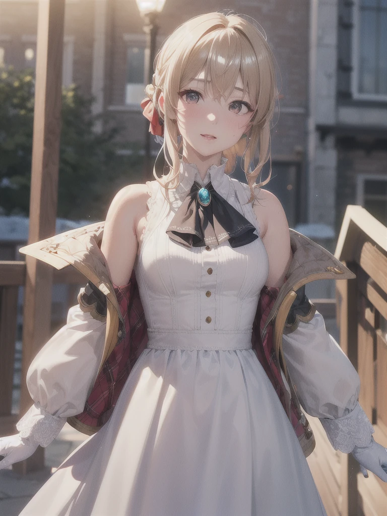 Great Joy:1.3, masterpiece, Highest quality, High resolution, Violet Evergarden, Braiding, Hair Ribbon, Red ribbon, jewelry, White Ascot, brooch, Blue jacket, Long sleeve, Brown gloves, White Dress, Long dress, Are standing, Cowboy Shot, Outdoor, unity 8k wallpaper, (figure:0.8), (Beautiful attention to detail:1.6), Highly detailed face, Perfect lighting, Highly detailed CG, (3D Face:1.1), (Shiny skin:1.5), (超High resolution intricate face details), (Facial skin pores:1.3), 超High resolution cloth texture