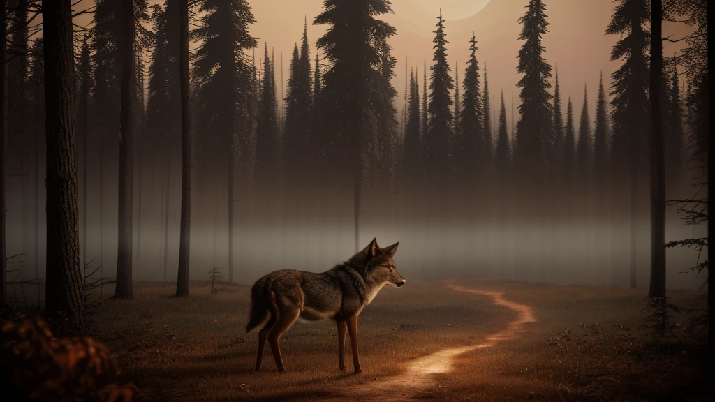 a wolf and deer standing on opposite sides, large red moon, dark cloudy night sky, atmospheric dramatic lighting, detailed fur textures, glowing eyes, wilderness forest background, cinematic composition, photorealistic, (best quality,8k,highres,masterpiece:1.2),ultra-detailed,(realistic,photorealistic,photo-realistic:1.37),cinematic lighting,dramatic colors,fantasy,moody atmosphere