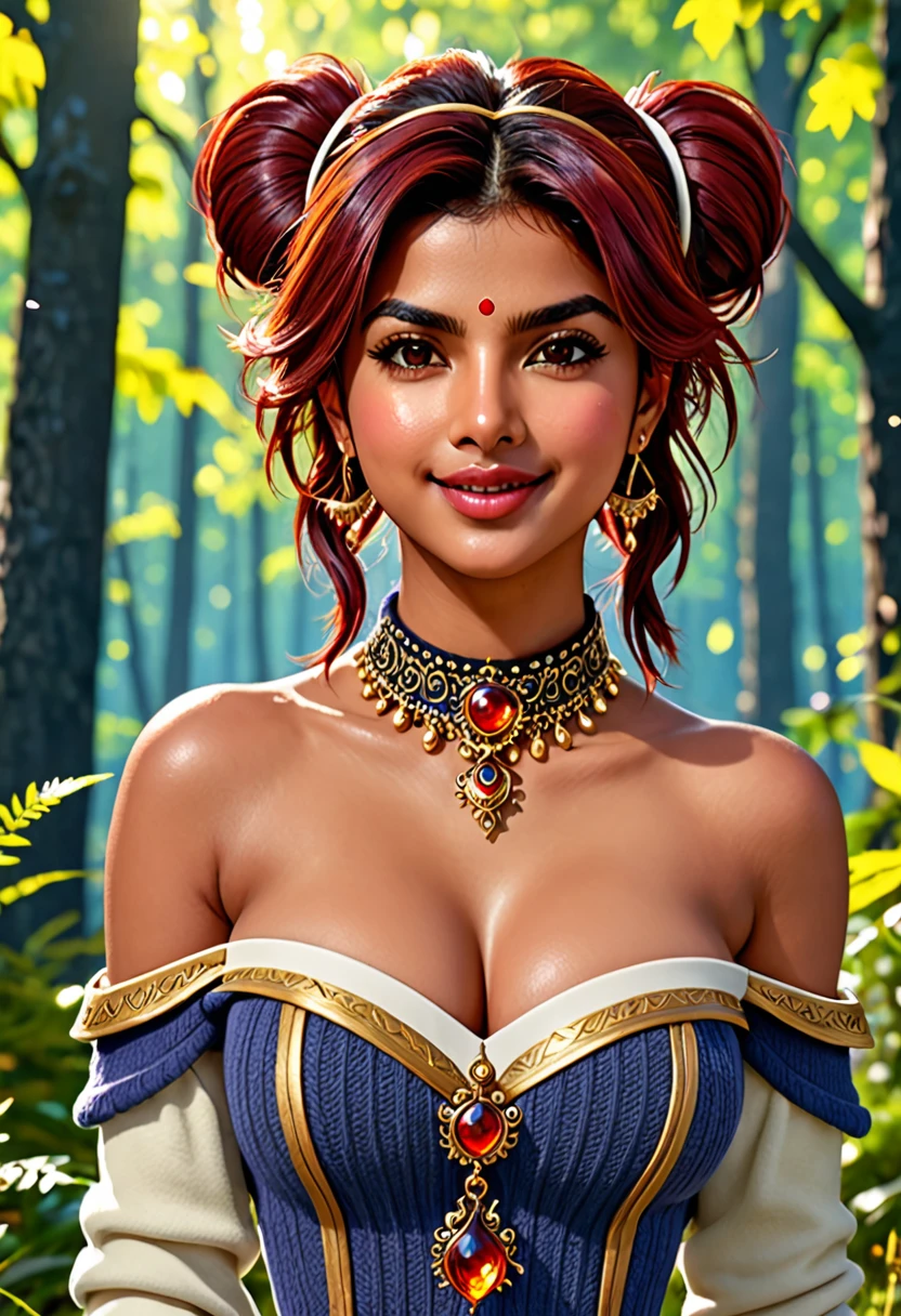 masterpiece, best quality, highly detailed, 1girl, solo, twintails, off-shoulder sweater, cherry red hair. choker, jacket, hairband, looking at viewer, smile, blush, Wide Smile, Eyes Detailed & Wide, sexy Pose. CHOCOLATE COMPLEXION, Ultra HD, Rococo-Inspired Fantasy Art With Intricate Details. Cute, Charming Expression, Alluring-Gaze, looking at viewer Beautiful Eyes, An-Ideal-Figure. Large Youthful Well-Shaped-Breasts, Massive-Round-Bosom, Décolletage. slim waist, fit body, full lipsWarm lights , woman in a dreamy forest at night, with fluffy hair, delicate face, realistic, real, slim, large aperture, sexy shots, attractive poses,Stunnin gly beautiful merge of Priyanka Chopra, symmetrical face, photorealistic, photography, path tracing, specular lighting, volumetric face light, path traced hairmaximum quality{(masutepiece) (8K High Resolution) (top-quality) In the style of breath of the wild.
