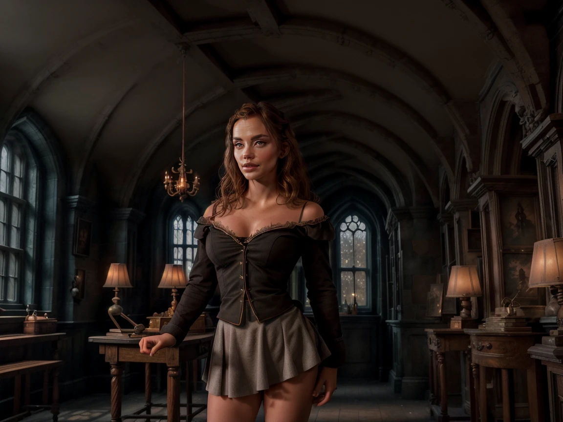 photo of beautiful Emma Watson as hermione granger (Ermione), gorgeous woman, in hogwart uniform, sluty uniform, huge breasts, fake breasts, breast implants, perky bust, large cleavage, in hogwart slytherin dormitory, full length shot, modelshoot style, (extremely detailed CG unity 8k wallpaper), professional majestic (photography by Steve McCurry), 8k uhd, dslr, soft lighting, high quality, (film_grain:1.2), Fujifilm XT3 High Detail, dramatic, (looking at viewer:1.2), (detailed pupils:1.3), (natural light), (((full body shot:1.3))), perfect body, beautiful face, long hair, very detailed eyes, intricate details in eyes, puckered lips, perfect fit body, wide hips, small waist, thick thighs, firm abs, beautiful body, platform high heels, extremely detailed, intricate details, highly detailed, detailed skin, realistic skin texture, texture, detailed eyes, maximum detail, roughness, real life, ultra realistic, photorealism, photography, absurdres, RAW photo, highest quality, high detail RAW color photo, professional photo, highres, super detailed,