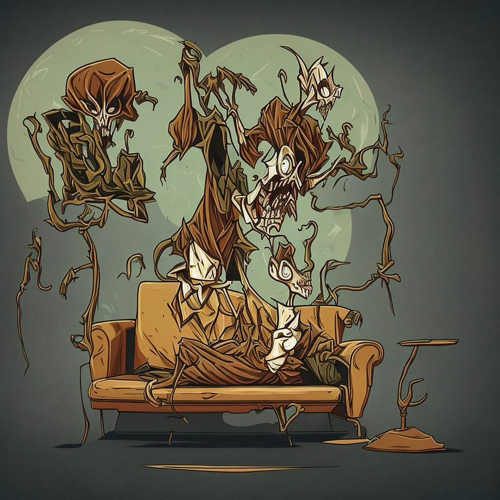 Create a cartoon style image of a funny looking skinny zombie sitting on a couch in the middle of an apocalyptic landscape. The whole image should be rounded on a black background