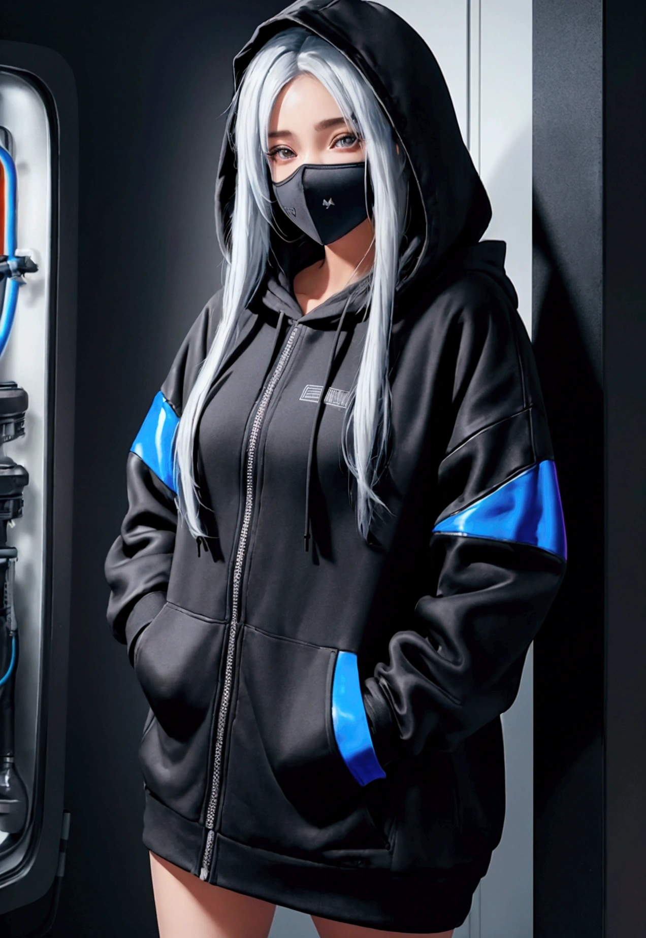 ultra-detailed,highly detailed,best quality,masterpiece,illustration, 
a woman wearing a face mask and a black hoodie standing in front of a, girl wearing hoodie, cyberpunk anime girl in hoodie, wearing netrunner clothing, blue hoodie, black hoodie techie, blonde haired girl wearing hoodie, cyberpunk streetwear, wearing hoodie, in a hoodie, wearing cyberpunk streetwear, cyberpunk wearing, woman in streetwear, wearing a hoodie, black hoodie, wearing a blue hoodie, hoodie, dressed black hoodie, decorative dark blue clothing, wearing cyberpunk 2 0 7 7 jacket, in a hood