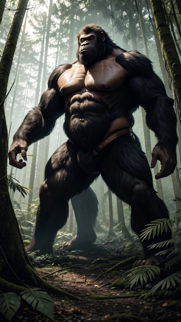 A towering, hairy ape-like creature stands in a dense forest, its broad shoulders and muscular build imposing against the backdrop of tall trees. Its eyes glow with a fierce intelligence, and its powerful hands grip a broken tree branch as if ready to defend its territory. The ground shakes with each heavy step it takes.