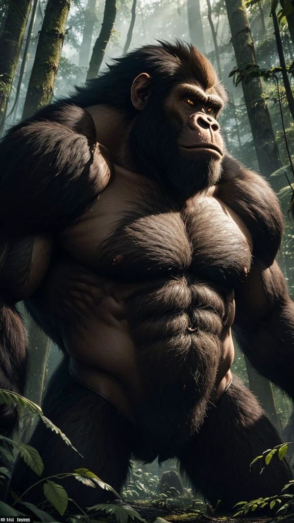 A towering, hairy ape-like creature stands in a dense forest, its broad shoulders and muscular build imposing against the backdrop of tall trees. Its eyes glow with a fierce intelligence, and its powerful hands grip a broken tree branch as if ready to defend its territory. The ground shakes with each heavy step it takes.