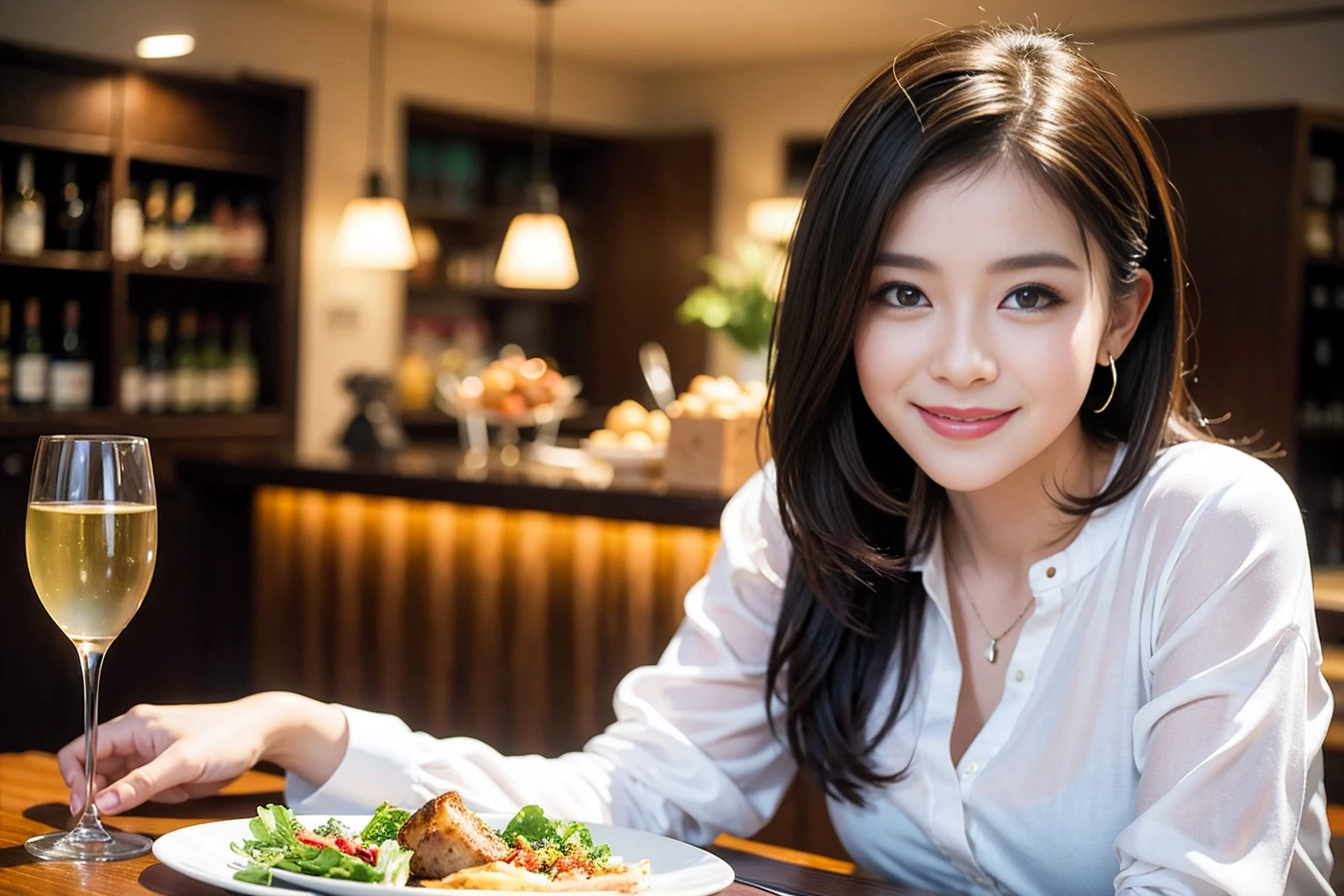 ((Highest quality、8K、masterpiece:1.3))、cute、slimカップル、modelカップル、actress男優、(Realistic, Intricate details:1.2), full-course dinner、Wine Party、Amazing view of the sunset sky and clouds、A bright smile、short hair,Bright Face、 (Age 45), 42 years old, red wine 、Appetizers、Italian food、Wine bottle、Champagne、sparkling wine、Two beauties、Brown Hair、Shortcuts、Long sleeve shirt、dress、Beautiful woman 1, (slimな顔), (The body is slim), (Brown Hair), (Shortcuts), cheeks turn a little red,Attractive beauty、restaurant, In a prominent place (From the waist up) Nova Frog Style, actress, model, Upper Body, White wine, slim, wine glass, 中央に置かれたwine glass, smile, (smile: 1.15), Beautiful fine grain, Depth f/2,saturation, High Contrast, Strong light and shadow,Moist Body:1.5、3D texture、Delicate eyes、Brown Hair、The hair is very shiny、