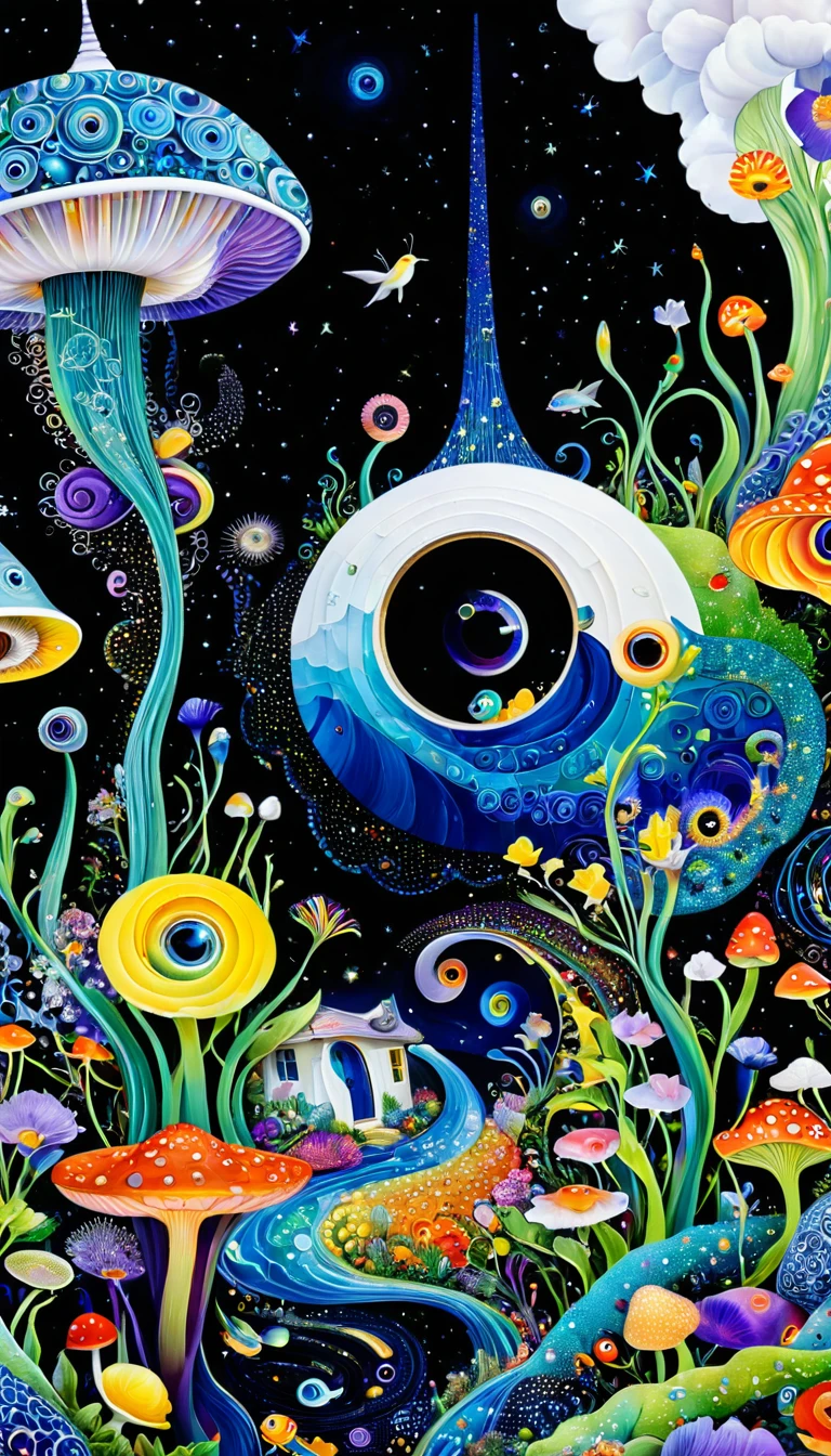 Three-dimensional painting。1snails house,Artists from the stars,Colorful black,A world of color,Dopamine,mouth,A cloud、snails、iris、fish、Tentacles、bird、Eye、diatom,Abstract mosaic painting,Describing the inner world of autistic people,Sense of space,White Space,interesting,Innocence,Psychedelic Art,Black overall