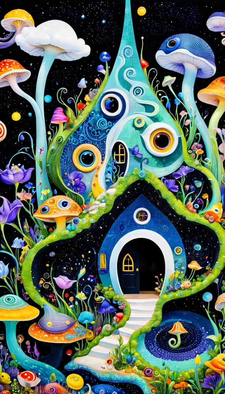 Three-dimensional painting。nails house,Artists from the stars,Colorful black,A world of color,Dopamine,mouth,A cloud、snails、iris、fish、Tebird、Eye、diatom,Abstract mosaic painting,Describing the inner world of autistic people,Sense of space,White Space,interesting,Innocence,Psychedelic Art,Black overall
