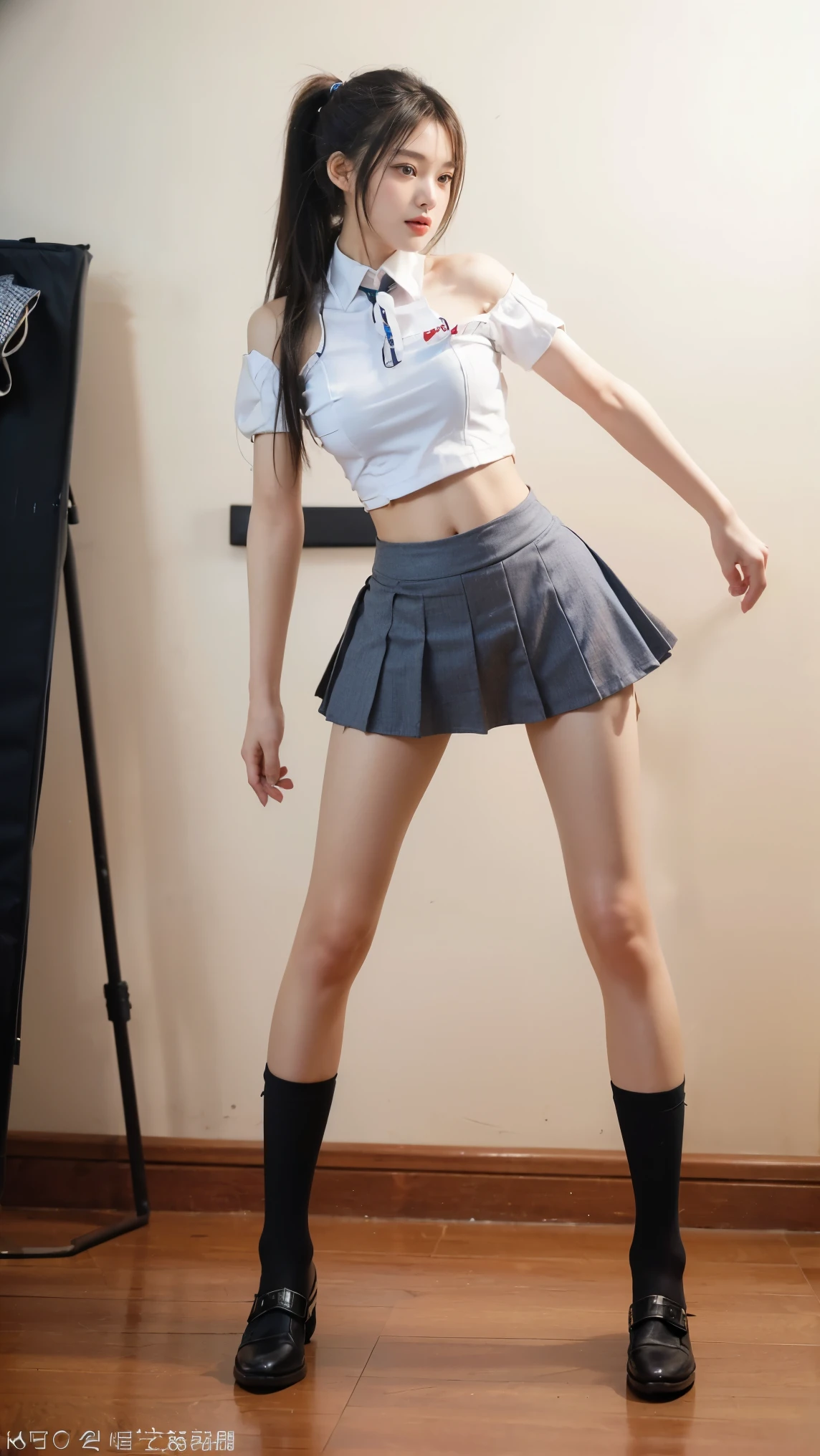 ((masterpiece)),(((最high quality))),(((((A full-body shot of a girl from floor height:1.8))))),((Photograph the whole body from knee height:1.7)),((((((Stand up straight with your legs together:1.9)))))),((Thin thighs)),((Long legs)),(((Girl standing in a school classroom:1.5))),(((Micro Mini Skirt Uniform:1.6))),((tall:1.6)),((Japanese high school girls wearing summer uniforms:1.8)),((Wearing a red checked tie)),Wearing a short-sleeved white shirt,The bra is clearly visible through the fabric,(Blue checked micro mini skirt:1.2),(16 years old:1.3),bangs,A small smile,((cute女の子)),Slender girl,Black Loafers,Short navy blue socks,cute,cute,Black hair ponytail,Thin legs,Slim model body shape,Very small waist,Small hips,long thighs,Thin thighs,Thin hands,Long hands,((((Photograph the whole body from below:1.7)))),((k-popのIVEのWONYOUNGにそっくりの女の子:1.9)),((Face your whole body straight ahead:1.8)),((tall:1.4)),(Stand with your legs straight and without bending your knees:1.7),((Stand up straight:1.7)),((Keep your hips facing forward:1.7)),The ankles are super thin,Beauty,Fine skin,Firm skin,引き締まったThin legsの肌を細部までリアルに再現,Super detailed, High detail, high quality, Awards,High resolution,(Anatomically correct:1.3),(8K,Raw photo,最high quality,masterpiece:1.5),(((Photographing a girl's whole body from below))),(((She is taking a photo alongside three other girls from her class.:1.5))),3人ともスリムでcute,((Stand up straight with your legs together:1.7)),((Stand up straight without bending your knees:1.7)),((Stand up straight with your feet shoulder-width apart:1.5)),((Stand up straight in a relaxed position:1.7)),(((Keep your spine straight:1.8)))