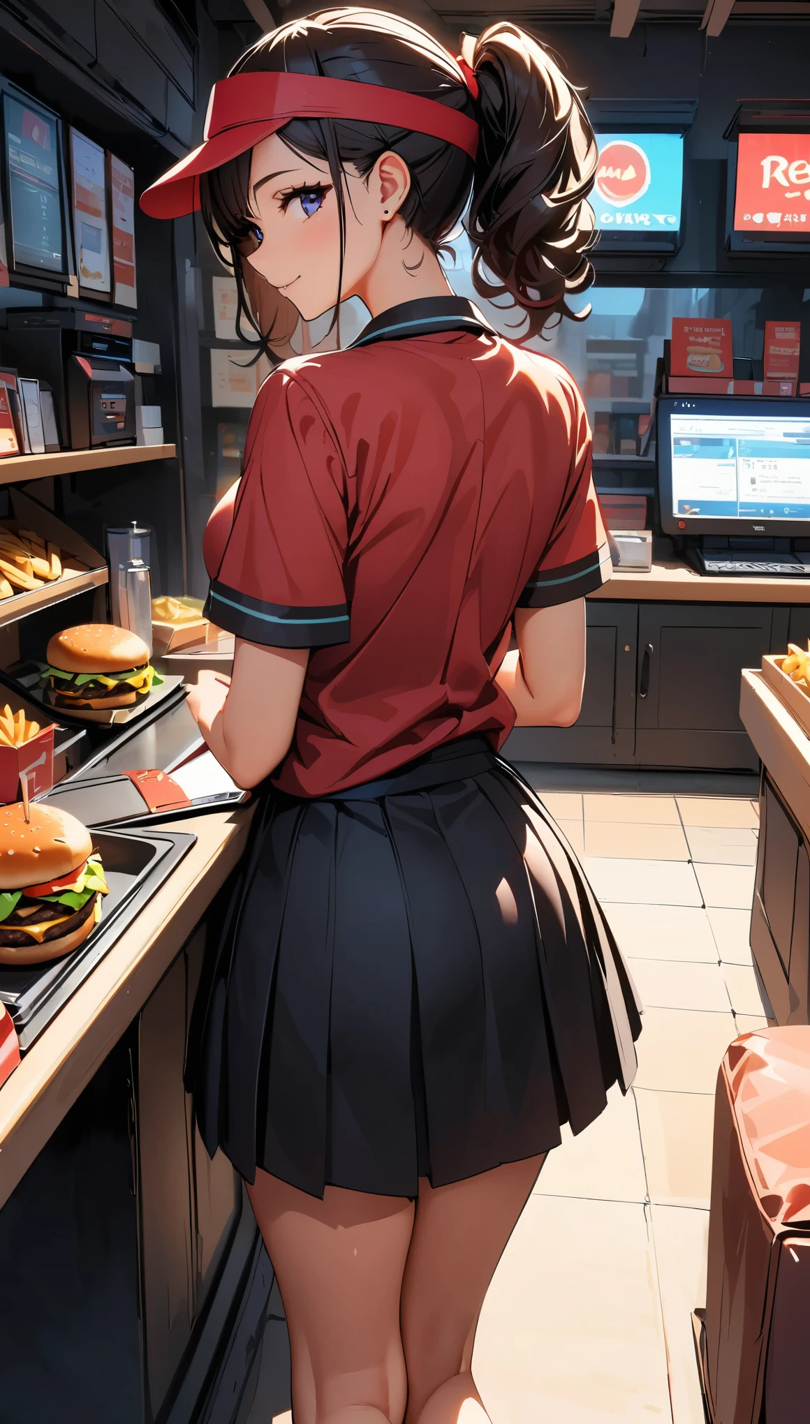 (Highest quality:1.2, Very detailed, up to date, Vibrant, Ultra-high resolution, High Contrast, masterpiece:1.2, Highest quality, Best aesthetics), 1 female, Female fast food store clerk, Red Shirt, Red visor, Black Mini Skirt, Hamburger Shop Uniform, Displayed Items, Bright interior, Female clerk at the counter, Pleasant background music, Cleanly swept floor, Tasty burger and fries, Items around the cash register,