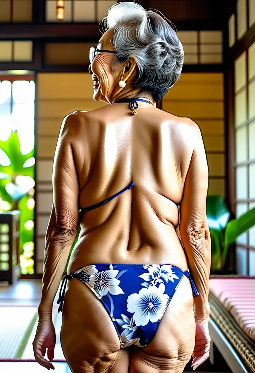 full body shot from behind, a Japanese woman, 87 years old, wearing elegant bikini, smiling, elegant makeup
