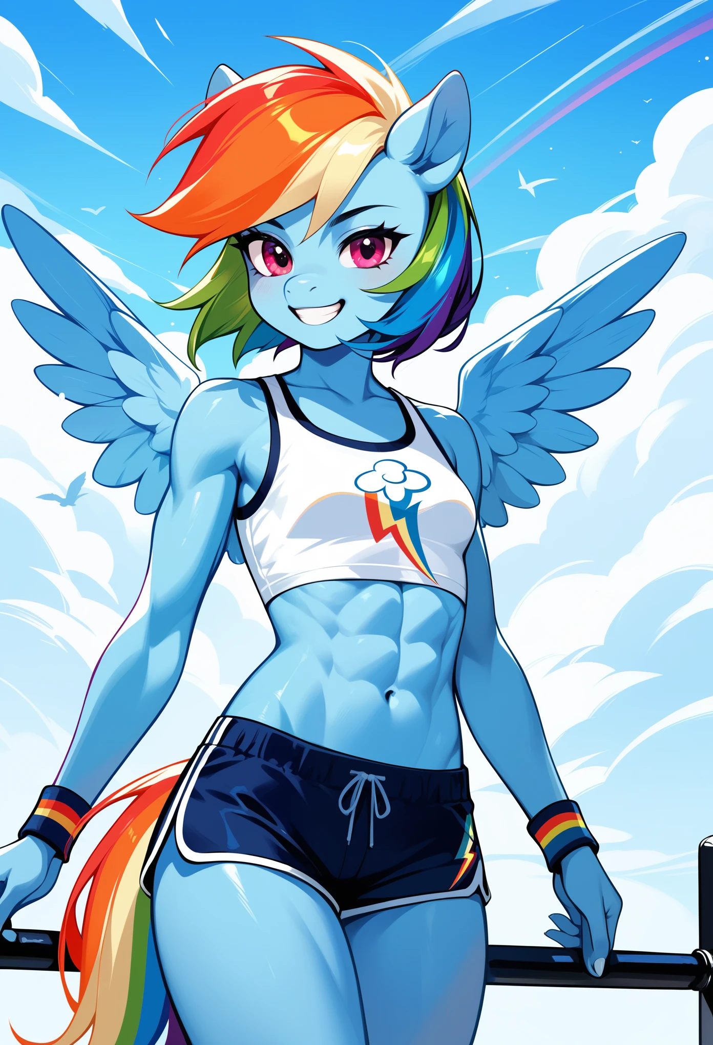 score_9, score_8_up, score_7_up, score_6_up, score_5_up, score_4_up, rainbow dash, pony, furry, blue skin, small wings, multicolored hair, anthro, pony face, white crop top, (toned:0.5), smile, small breasts, gym shorts, medium hair, blue sky