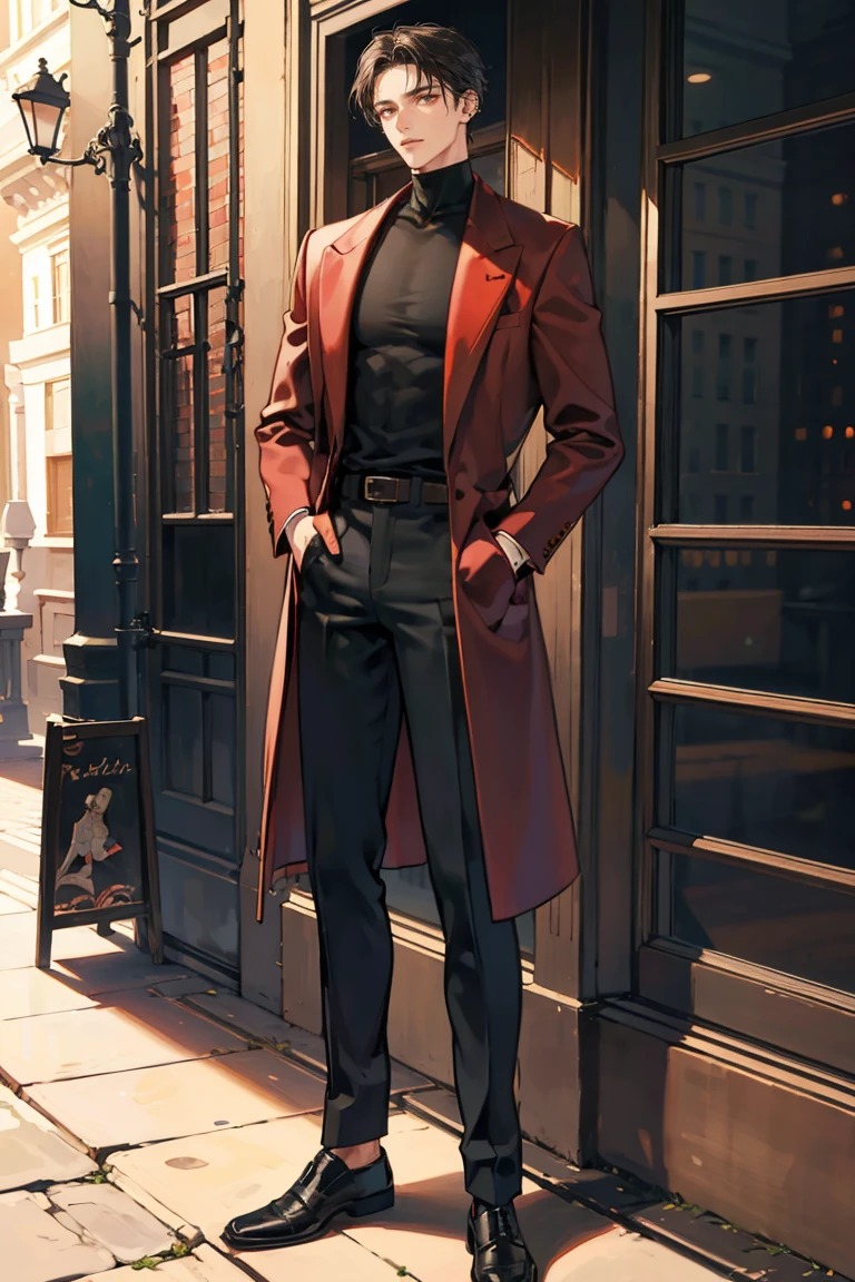 (masterpiece), best quality, seductive eyes, perfect face, handsome man, brown eyes, long slicked back black hair, long nose, tan brown skin, plain black turtleneck, red coat, black fitted pants, extremely tall man, long legs, long calves, full body, tall man, long legs, anime cover, 1boy, ear piercings, hands in pockets, adult-like look, cafe background