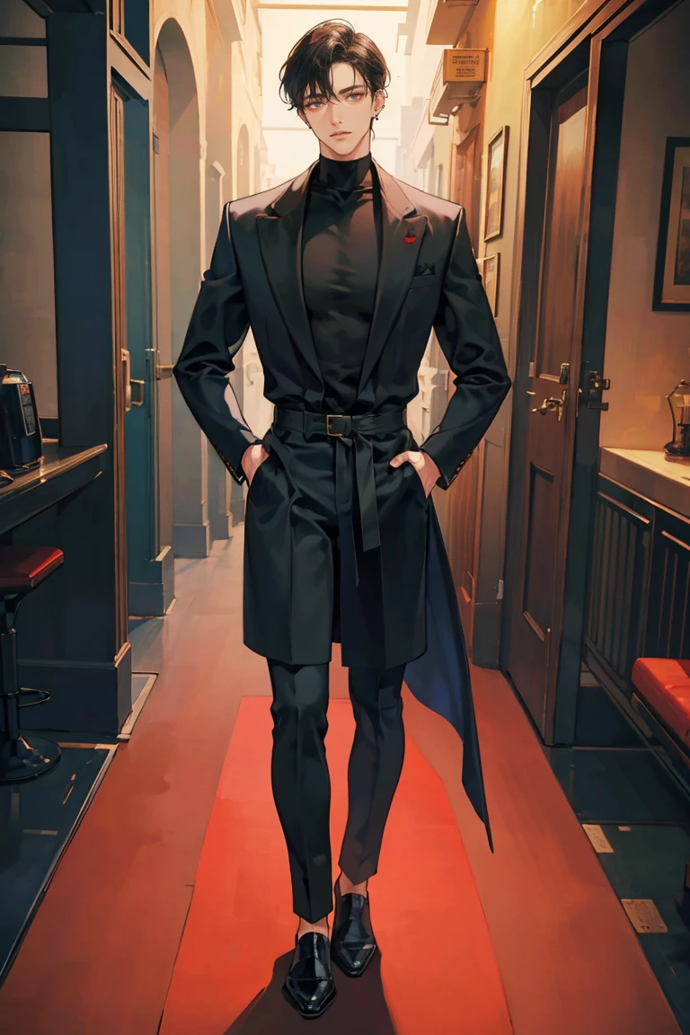 (masterpiece), best quality, seductive eyes, perfect face, handsome man, brown eyes, long slicked back black hair, long nose, tan brown skin, plain black turtleneck, red coat, black fitted pants, extremely tall man, long legs, long calves, full body, tall man, long legs, anime cover, 1boy, ear piercings, hands in pockets, adult-like look, cafe background
