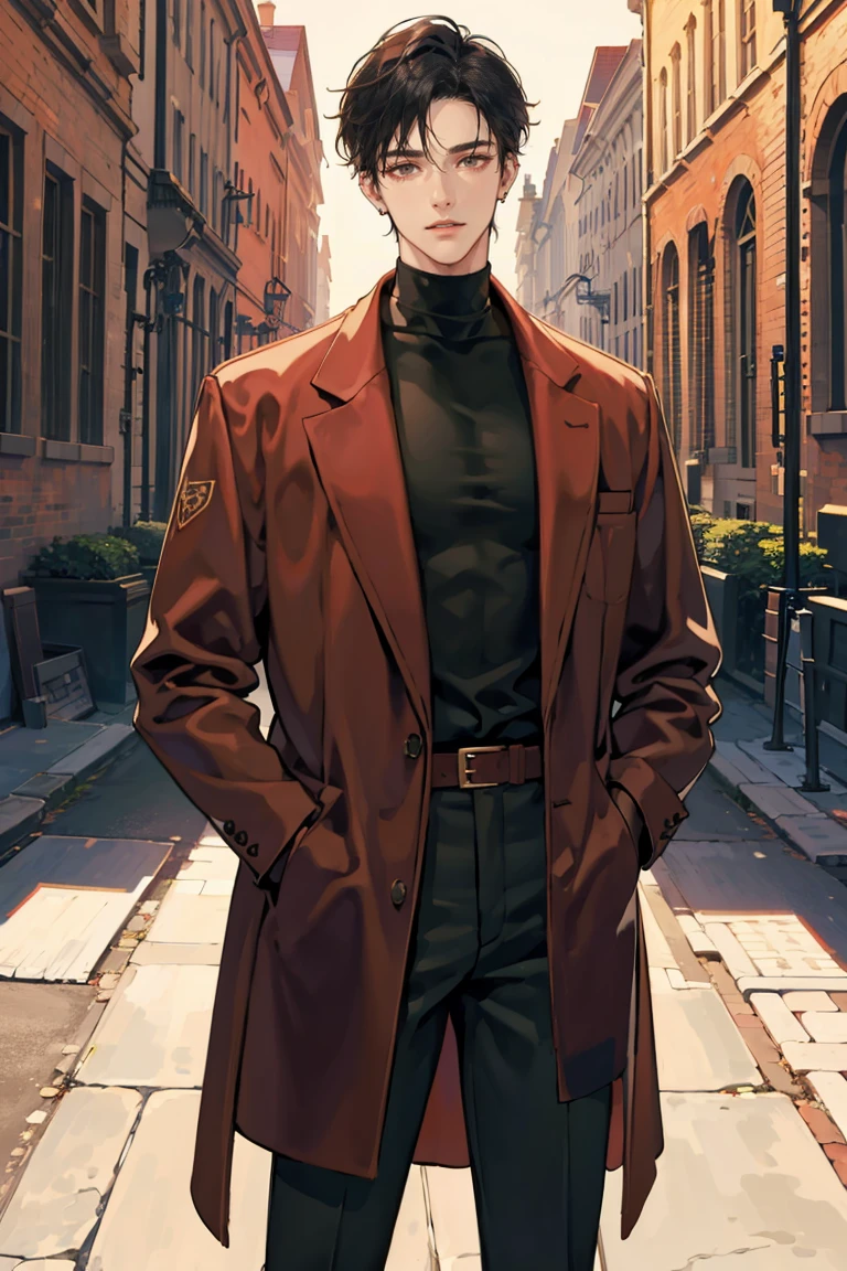 (masterpiece), best quality, seductive eyes, perfect face, handsome man, brown eyes, long slicked back black hair, long nose, tan brown skin, plain black turtleneck, red coat, black fitted pants, extremely tall man, long legs, long calves, full body, tall man, long legs, anime cover, 1boy, ear piercings, hands in pockets, adult-like look, cafe background