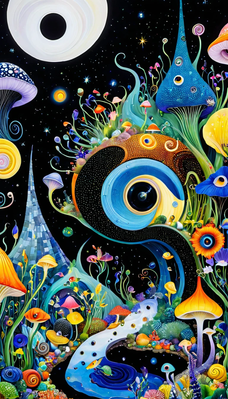 Three-dimensional painting。1snails hut,Artists from the stars,Colorful black,A world of color,Dopamine,mouth,A cloud、snails、iris、fish、Tentacles、bird、Eye、diatom,Abstract mosaic painting,Describing the inner world of autistic people,Sense of space,White Space,interesting,Innocence,Psychedelic Art,Black overall