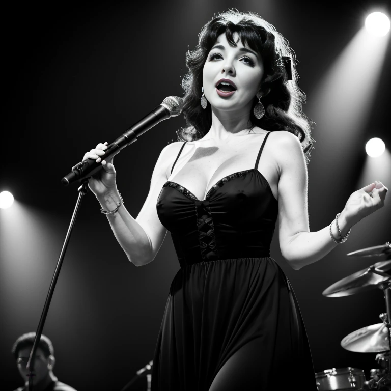 black and white photos. Kate Bush, On Stage, long dress, pins-ups,vintage dress, 22 years old, perfect body, 40's, perspective, half body detail, sharp focus, light mix, detail, 50's, (high skin detail: 1,2), 8k hd, DSLR, Luz outfit, high quality, Fujifilm XT3 Grainy Films.