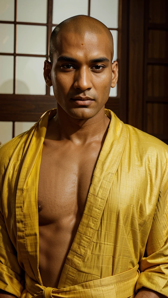 8k Indian man, tall and large, with a prominent nose, a beautiful face, blue eyes, a shaved head, wearing a yellow robe like a Buddhist monk, standing with a calm expression. The picture is sharp and realistic in every proportion. 