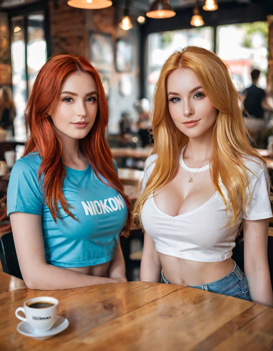 ultra realistic, photography, two women, one girl with long red hair, girl, 24 years old, hourglass figure, perfect body, Flirty look, extremely detailed artgerm, in the style artgerm, small breasts, facing the camera, Nikon z fx, lens 35 mm, blur background, the other girl has blonde long hair, they are sitting at a table in a coffee shop. tweo coffee cups are on the table, they are both wearing cute colourful t-shirts