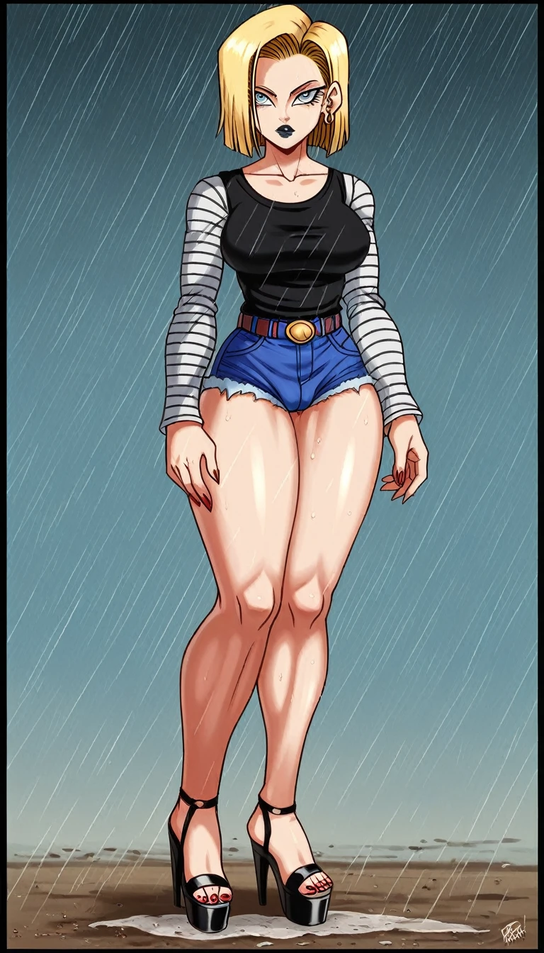 (masterpiece, best quality:1.2), Android 18, blonde hair, 1girl, short shorts, thick butt, red nails, black lipstick, open-toed platform high heels, extra large breasts, cameltoe, dirt road, countryside, masterpiece, best quality, absurdres, highres, 4k, ray tracing, perfect face, perfect eyes, intricate details, highly detailed, (best quality:1.33), (masterpiece:1.42),(semi realistic:1.3), (detailed:1.15),(skin details), Dappled Light, analog style (look at viewer), (skin texture), (realistic texture skin), cinematic light, side lighting, ultra high res, best shadow, RAW, (Dutch angle:1.1), lightroom, cinematic, hdr, raw, (intricate:1.4), high quality, soothing tones, intricate details, extremely high quality RAW photograph, detailed background, intricate, Exquisite details and textures, highly detailed, ultra detailed photograph, warm lighting, 4k, sharp focus, high resolution, detailed skin, detailed eyes, 8k uhd, dslr, high quality, film grain, Fujifilm XT3, 
 Rainy Day: The diffused light and wet surfaces on a rainy day can create a moody and atmospheric environment, perfect for capturing reflections and street photography.,