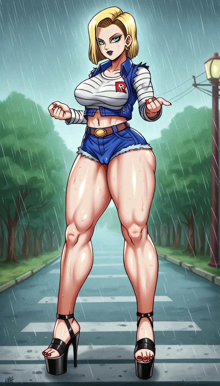 (masterpiece, best quality:1.2), Android 18, blonde hair, 1girl, short shorts, thick butt, red nails, black lipstick, open-toed platform high heels, extra large breasts, cameltoe, dirt road, countryside, masterpiece, best quality, absurdres, highres, 4k, ray tracing, perfect face, perfect eyes, intricate details, highly detailed, (best quality:1.33), (masterpiece:1.42),(semi realistic:1.3), (detailed:1.15),(skin details), Dappled Light, analog style (look at viewer), (skin texture), (realistic texture skin), cinematic light, side lighting, ultra high res, best shadow, RAW, (Dutch angle:1.1), lightroom, cinematic, hdr, raw, (intricate:1.4), high quality, soothing tones, intricate details, extremely high quality RAW photograph, detailed background, intricate, Exquisite details and textures, highly detailed, ultra detailed photograph, warm lighting, 4k, sharp focus, high resolution, detailed skin, detailed eyes, 8k uhd, dslr, high quality, film grain, Fujifilm XT3,
Rainy Day: The diffused light and wet surfaces on a rainy day can create a moody and atmospheric environment, perfect for capturing reflections and street photography.,