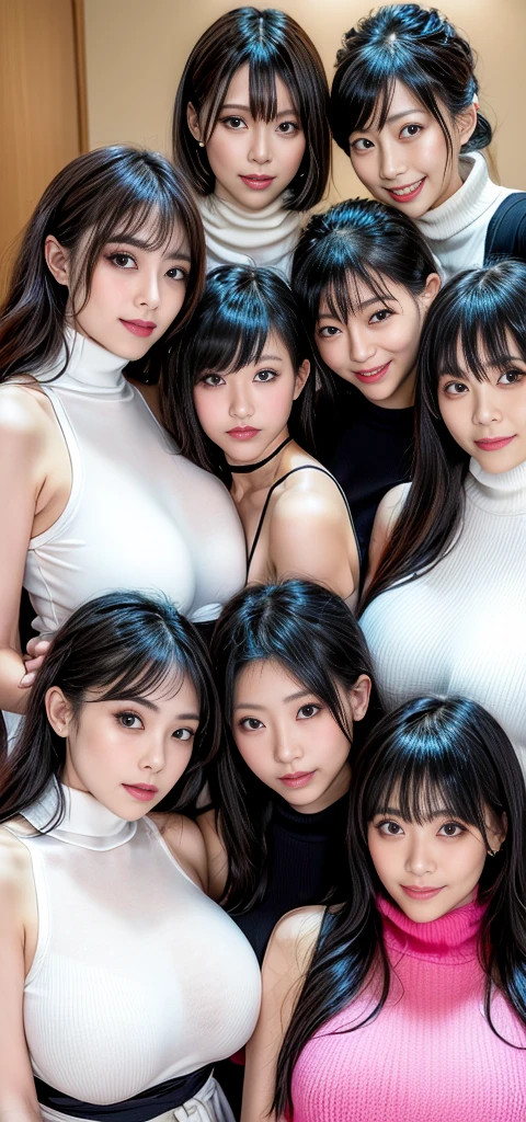 (((A group photo of the top 3 beautiful Japanese moms)))、Everyone has different types and hairstyles, but they are beautiful.、((All of them are obscene and have long breasts that are too big.))、different sexual poses、All wearing turtleneck sleeveless knit sweaterull of big breasts、A room filled with the smell of meth、((Everyone emphasizes their big breasts))、living room