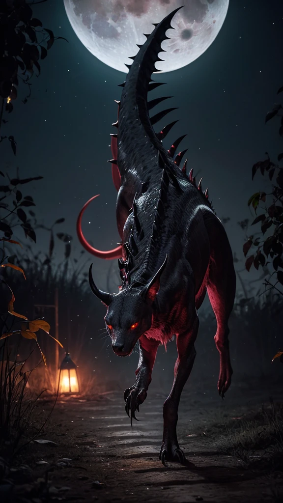 In the moonlit night of a rural farm, the Chupacabra prowls among the livestock. Its reptilian skin glistens under the moonlight, and its glowing red eyes scan the area for prey. Sharp spines run down its back, and its fanged mouth drips with saliva as it crouches, ready to strike