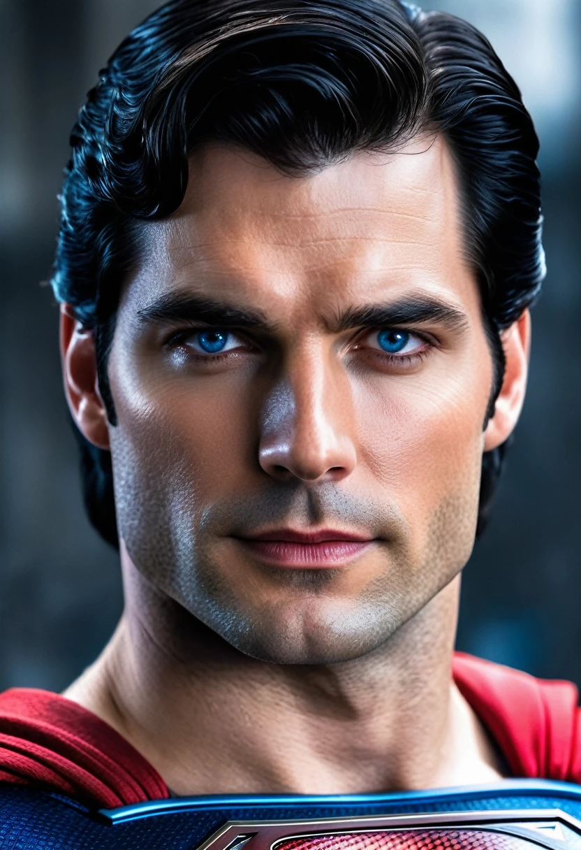 A portrait of Superman whose facial features are a combo of Tom Welling + Tyler Hoechlin + Henry Cavill + Brandon Routh + Christopher Reeve. Superman wears his DCEU Superman suit. Superman has black hair and blue eyes. Symmetrical eyes. Symmetrical face. Great details. Photorealistic. Full-colored photo. Professional photo. Highly detailed 8K.