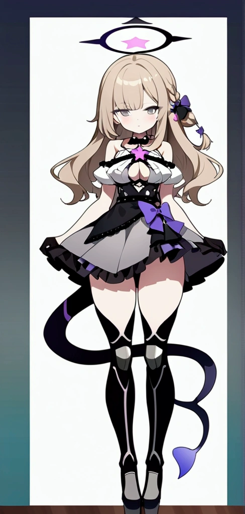 woman 170 cm tall. medium chest, wide hip, slim build, ((whole body)). (((character design sheet: front view))). (dark blonde hair, (hip-length wavy hair with asymmetrical bangs), (She has a short braid tied with an elegant purple bow on the left side of her hair above her chest). (She has a short braid tied with an elegant purple bow on the right side of her hair above her chest). She has small ribbons in the back of her hair..). ((Gray eyes with a pink 4-pointed star in the pupil.)). Two black and purple serval ears located on the top of the head. (Luminous black halo with purple star patterns above his head). He has a black collar with a heart emblem on his neck.. (Elegant one-piece long dress with lace and ruffle thigh-high skirt, ribbon decorations and star patterns on the dress). black gloves, beautiful black platform heels. gray belt at the waist with a large ribbon with a luminous pink heart in the middle. (It has a beautiful succubus tail with a small purple star on the tip.). ((It has complex mechanical legs that reach up to the thighs and are black with small purple details..)). beautiful detailed hair, beautiful detailed dress. extremely detailed arms. extremely detailed face, small face, Beautiful detailed eyes, beautiful detailed lips. adorable. extremely detailed legs. (Best Quality, 4k, high resolution), ultra detailed, Exquisite and epic character art., ((White background)). (Focus on symmetry).