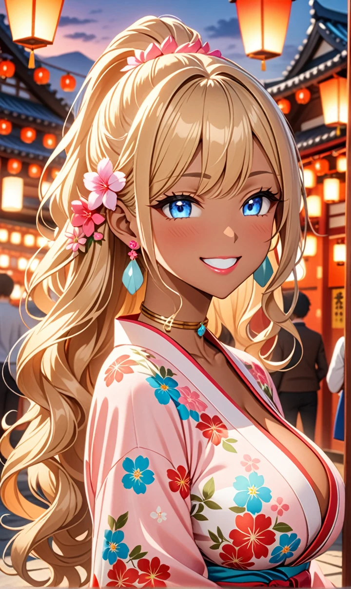 ultra-detailed, ((one girl)), (tan skin:1.6), in pastel colors gyaru, (heavy makeup), (professional lighting) hyper detailed, absurdres, 8K, Beautiful Face, (Laugh shyly), ((teasing smile:1.8)), ((Wink:1.7)), (Laugh with your mouth wide open),((Tilt your face:1.6)), View your viewers, ((Bright red cheeks:1.6)),Glossy Red Lips, ((Big Breasts:1.6)),  ((undressing:1.2)), noon, A simple shrine festival, ((Anime style background)),masterpiece, Highest quality, so beautiful,Latest, Complex details, ((Neon pink long nails)), (nail art), (ring),(bracelet), (Floral Choker),AI-generated, Complex,High resolution, Highest quality, super high quality,3D Images、3D Images,One person,Blonde long hair,(High Ponytail), (wavy hair:1.3), Blonde anime woman posing for a photo, ((Fine grain、blue eyes、glowing eyes:1.4)), (Squint your eyes:1.1),a hyperRealistic , hyperRealistic , Realistic,Anime woman with long pastel yellow hair, Smooth anime CG art, A girl in a gorgeous pastel-colored kimono, (sideboob),  ((Pastel-colored furisode)),(Pink large floral pattern), Long flower hair ornament,Floral Earrings, Mature Body, tall,Narrow waist, ((from side)),((leaning forward)),