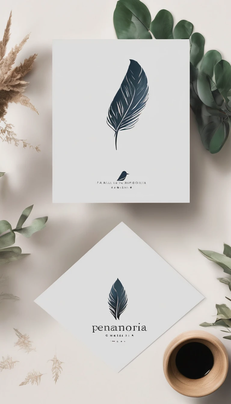 A minimal, modern, simple, cinematic logo design for the brand “Penamemoria". Create a modern, minimalistic, high-quality, logo of a dreamy. fantastic, poetic, masterpiece bird feather