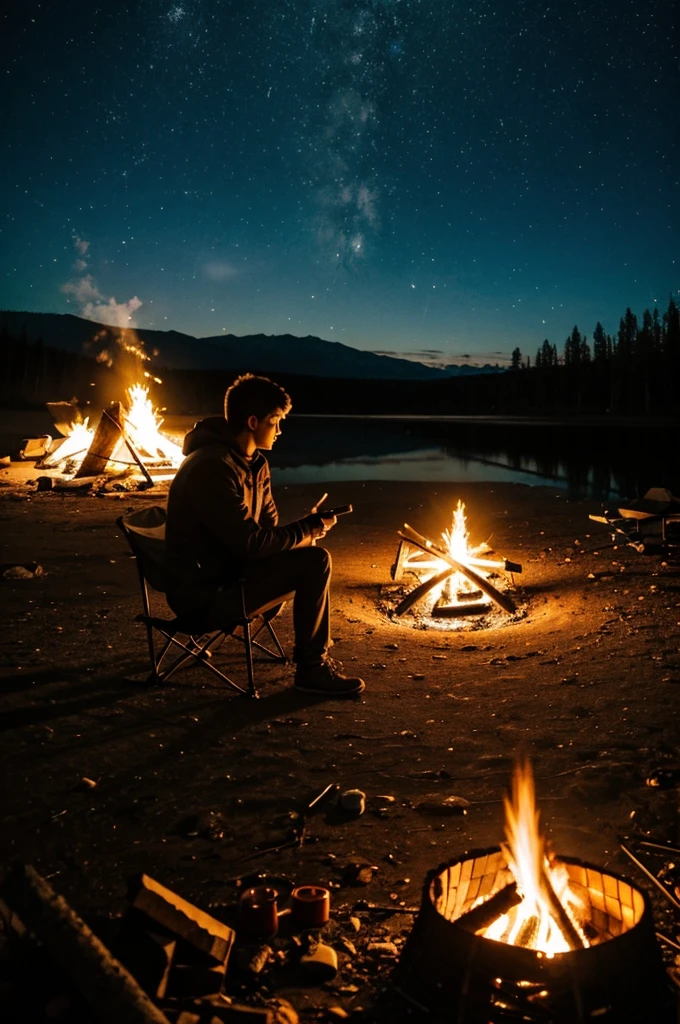 Alone by the campfire without friends