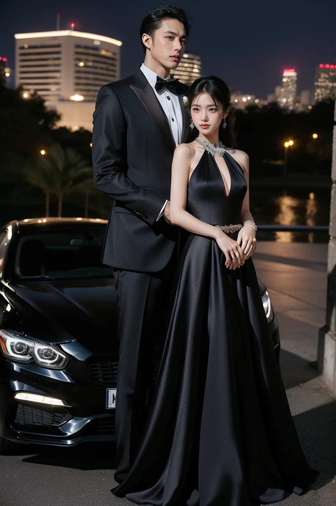 arafed couple standing in front of a car, formal attire, wearing a formal dress, luxury lifestyle, wearing an evening gown, high - end fashion photoshoot, formal wear, wearing fantasy formal clothing, luxury dress, wearing an elegant dress, luxurious wedding, & jeehyung lee & wlop, elegant evening gowns!, environmental shot, evening formal robes