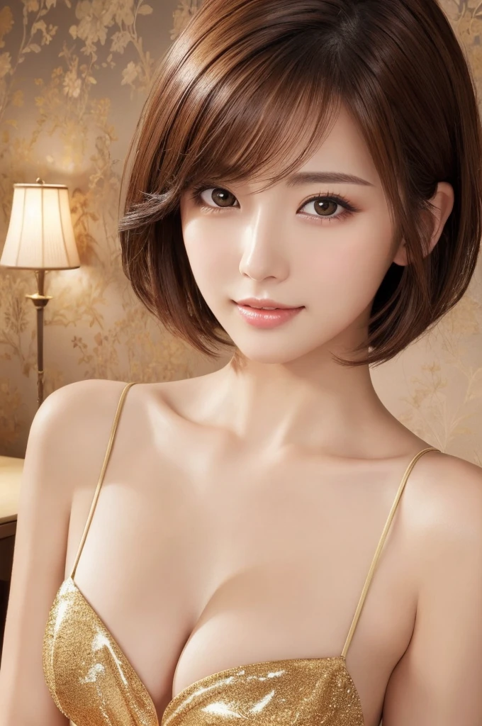 masterpiece、highest quality、High resolution、Tabletop、wallpaper、Realistic、Bright lighting、Professional Lighting、Face Light、Smooth lighting、Japanese women、Adult、Beautiful woman、action、gravure、sexy、so beautiful、Beautiful Skin、Beautiful and detailed、Detailed face、slim、short hair、Brunette colored hair、Brown eyes、Looking at the camera、Cleavage