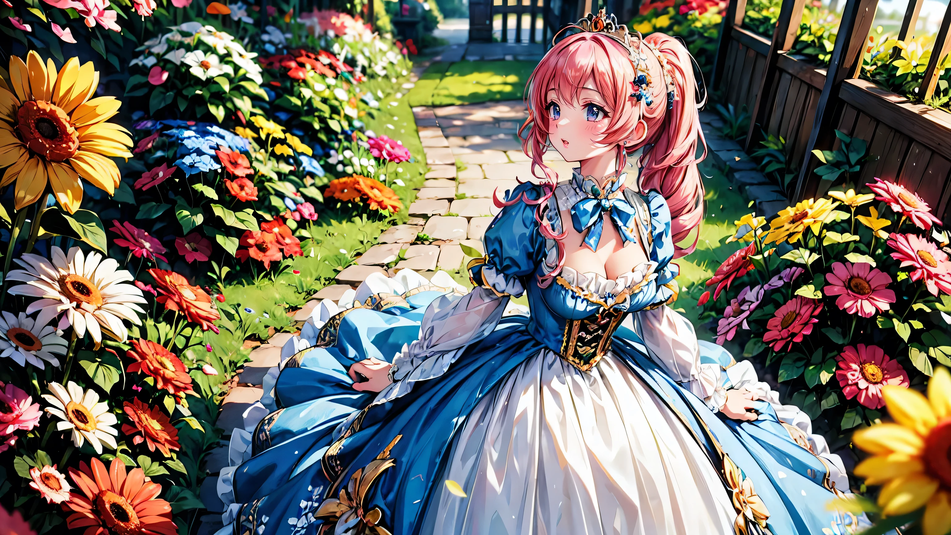 anime moe art style, (Masterpiece, ultra detailed, top quality), (((young face solo princess))), (dress Citron dress), (((ultra gorgeous rococo victorian gown with voluminous hoopskirt and long hems, princess style skirt, gown ultra elaborate gown))), ((huge breasts)), breasts cleavage, (hair pink hair), (fluffy long ponytail), Expressive very voluminous hair, super delicate face, (hyper detail delicate beautiful eyes blue eyes), ((leaning forward, looking up, from above, front view)), (((So lot's of gerbera hybrids))), (blurry background:1.5),