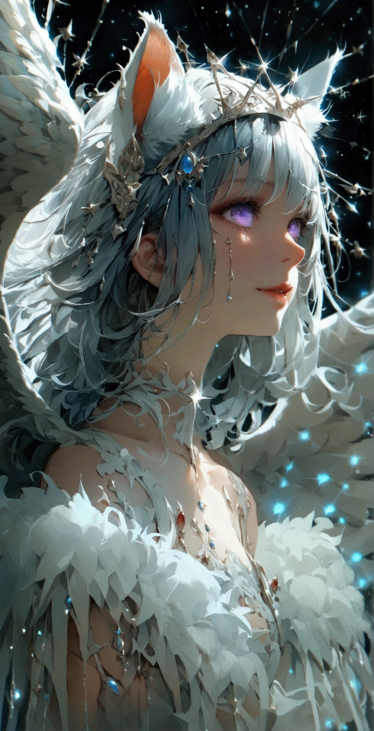 beauty,Long Wavy Hair,Gray Hairはとても魅力的です, Detailed and precise manual work, Attractive girl, 白いCat耳,Purple eyes and white eyelashes,light in your eyes,Reflecting the entirety of a large angel&#39;s wings,Arms outstretched,delicate, A fluffy white dress like a cloud, Hand-drawn illustration,Broad background,cute、flight、Your eyes are bright and beautiful、whole body、Gray Hair、白いCat耳、Cat&#39;tail、beautiful青い目、white crown、Also々funny Face、beautiful、Black Moon、Lots of blue light、universe、Fantasy，Lots of light、gem、magic、AmbiLight，The colors are vibrant and bright，Black background，mist，Detailed Description，Rich details，An explosion of imagination，Surreal，Ultra-realistic，masterpiece，8K，Light，Tyndall effect
