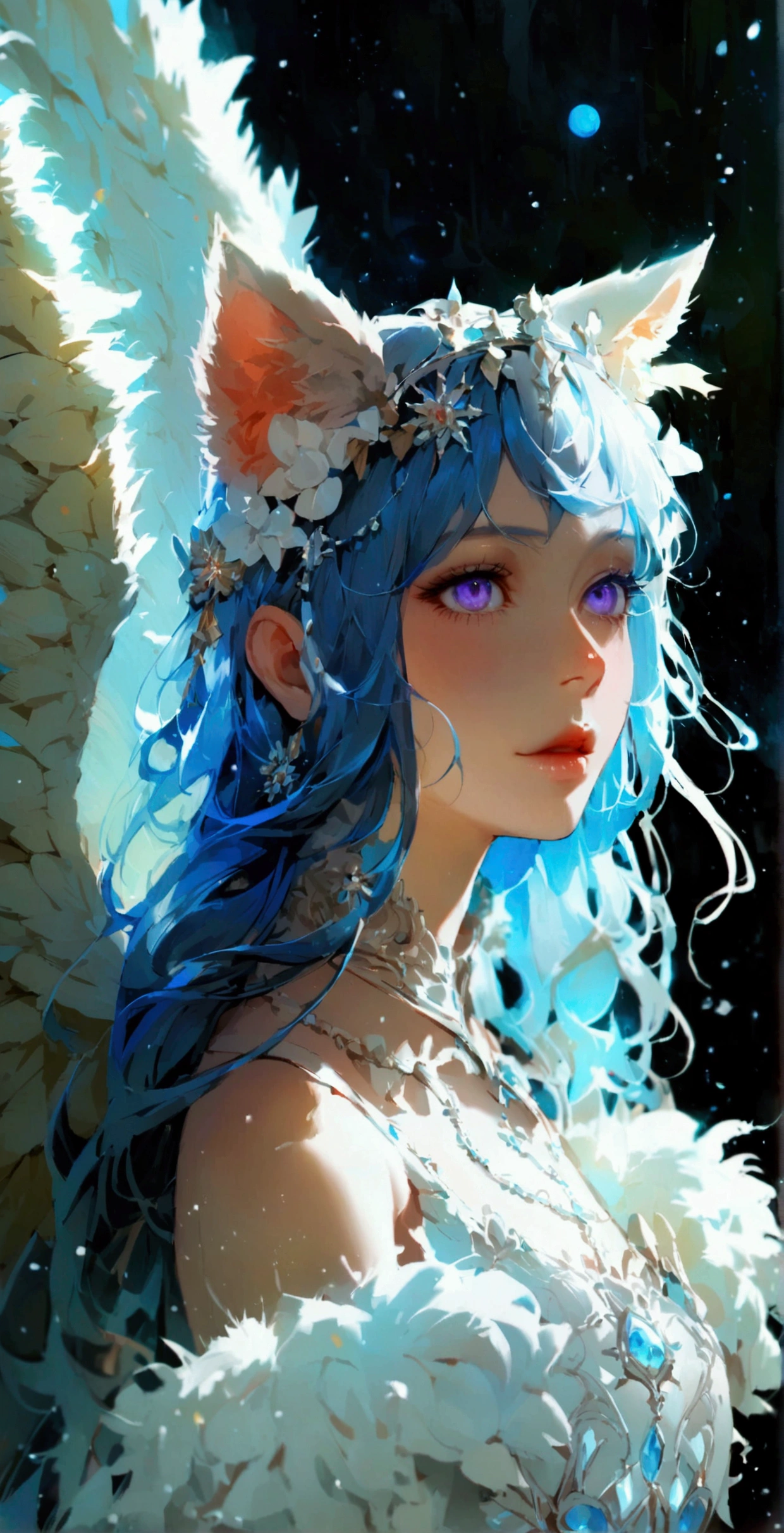 beauty,Long Wavy Hair,Gray Hairはとても魅力的です, Detailed and precise manual work, Attractive girl, 白いCat耳,Purple eyes and white eyelashes,light in your eyes,Reflecting the entirety of a large angel&#39;s wings,Arms outstretched,delicate, A fluffy white dress like a cloud, Hand-drawn illustration,Broad background,cute、flight、Your eyes are bright and beautiful、whole body、Gray Hair、白いCat耳、Cat&#39;tail、beautiful青い目、white crown、Also々funny Face、beautiful、Black Moon、Lots of blue light、universe、Fantasy，Lots of light、gem、magic、AmbiLight，The colors are vibrant and bright，Black background，mist，Detailed Description，Rich details，An explosion of imagination，Surreal，Ultra-realistic，masterpiece，8K，Light，Tyndall effect