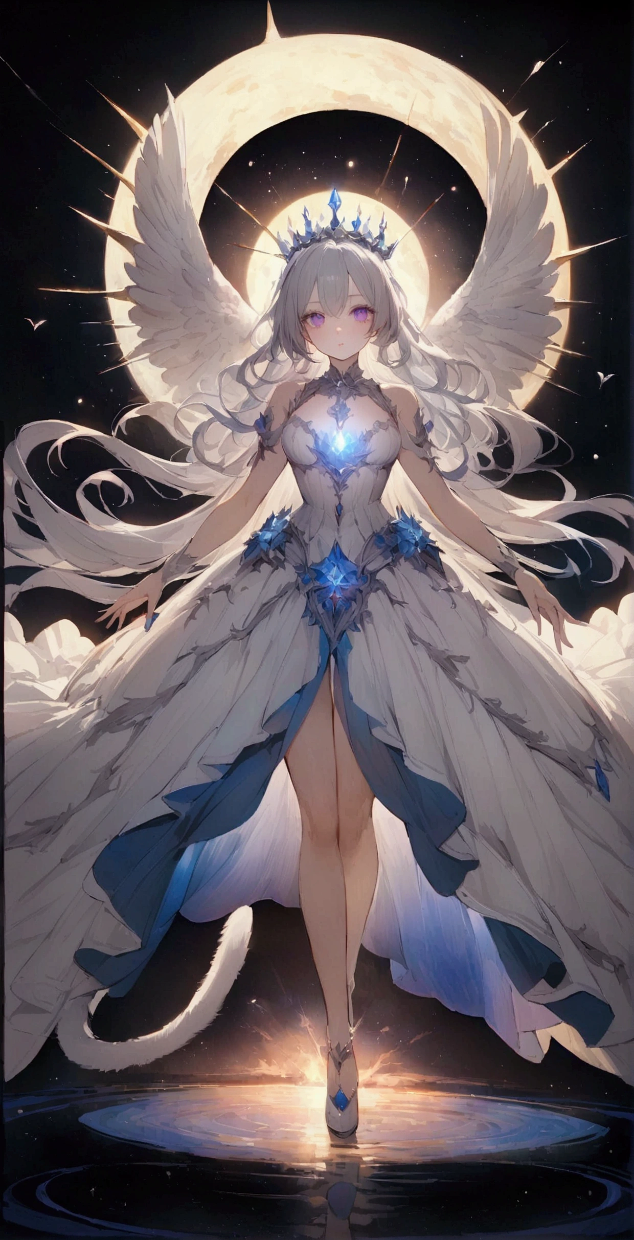 beauty,Long Wavy Hair,Gray Hairはとても魅力的です, Detailed and precise manual work, Attractive girl, 白いCat耳,Purple eyes and white eyelashes,light in your eyes,Reflecting the entirety of a large angel's wings,Arms outstretched,delicate, A fluffy white dress like a cloud, Hand-drawn illustration,Broad background,cute、flight、Your eyes are bright and beautiful、whole body、Gray Hair、白いCat耳、Cat'tail、beautiful青い目、white crown、Also々funny Face、beautiful、Black Moon、Lots of blue light、universe、Fantasy,Lots of light、gem、magic、AmbiLight,The colors are vibrant and bright,Black background,mist,Detailed Description,Rich details,An explosion of imagination,Surreal,Ultra-realistic,masterpiece,8K,Light,Tyndall effect