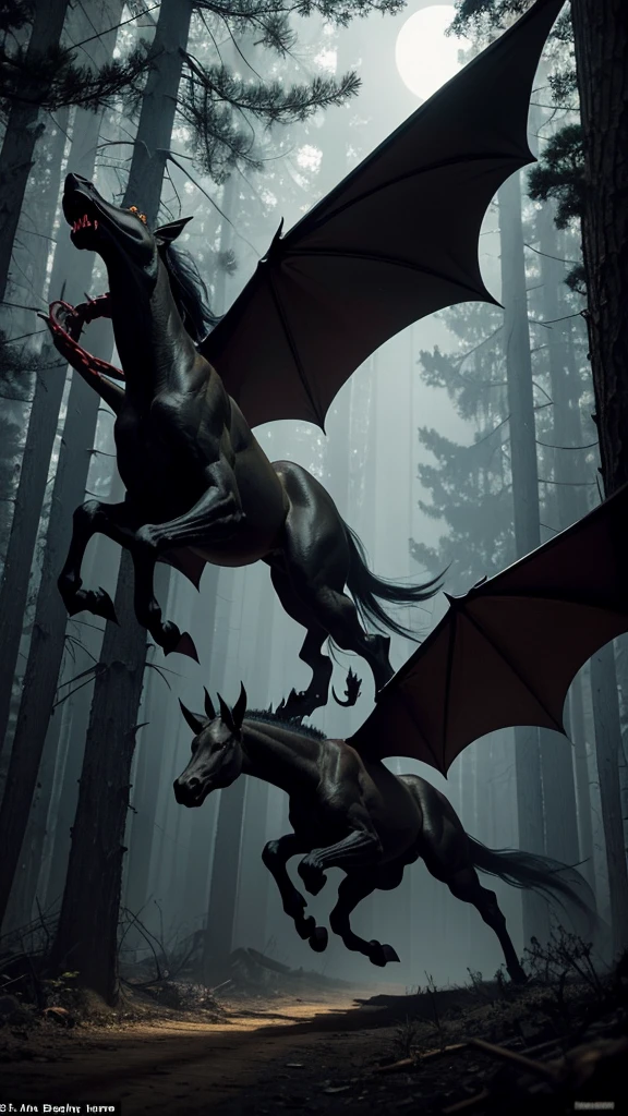 In the dark, eerie pine barrens of New Jersey, the Jersey Devil spreads its bat-like wings wide. Its horse-like head rears back, letting out a blood-curdling screech. Its hooves stomp the ground, and its long, serpent-like tail whips through the air, adding to the fearsome spectacle
