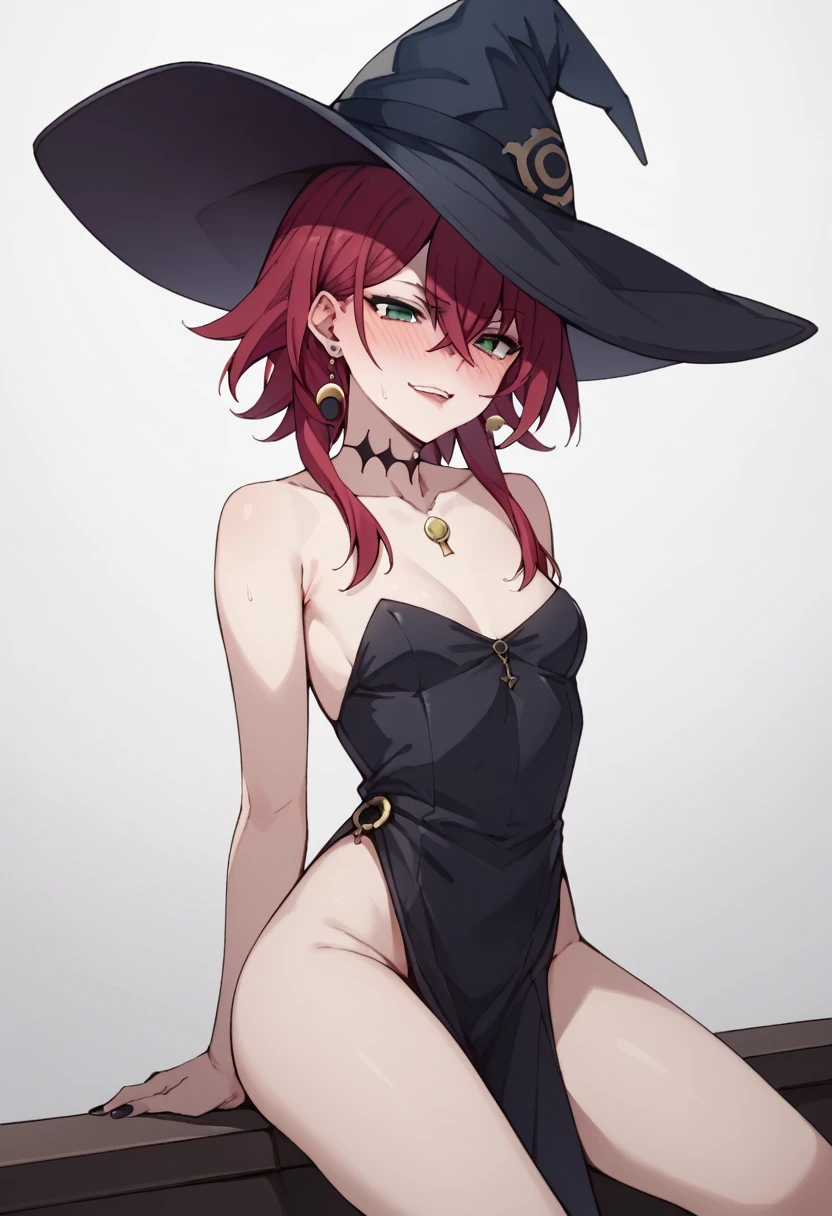 crimson, 1girl,sexy, desnudos,, small breasts, pechos grandes,hat, witch hat, solo, green eyes, red hair , sex hot,