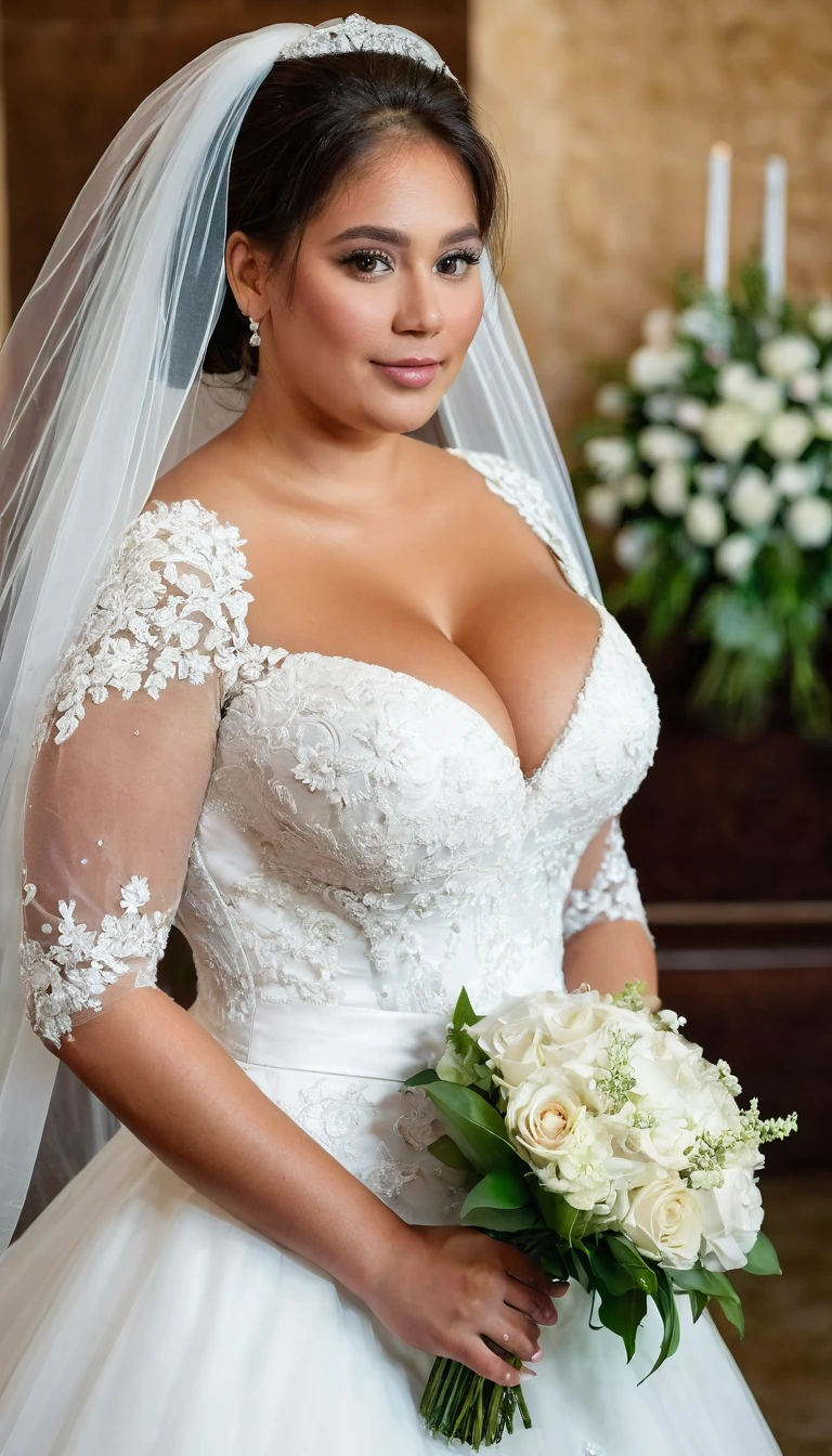Girl with huge breasts wearing a wedding dress with a huge neckline ,with veil and bouquet at the altar