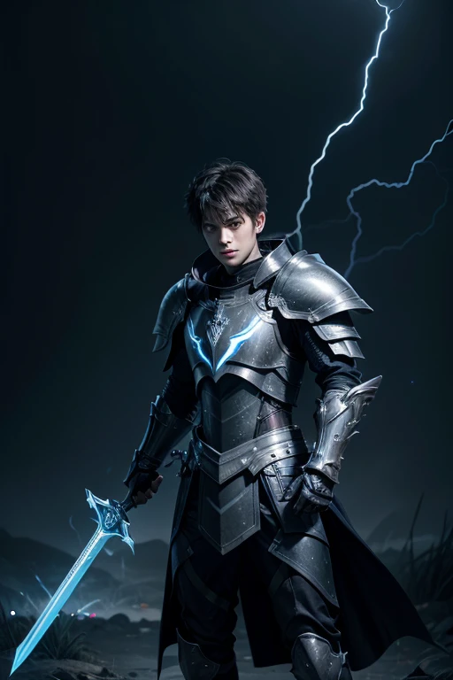 1 knight boy with black armor and sword with blue glowing lines with lightning bolts around him