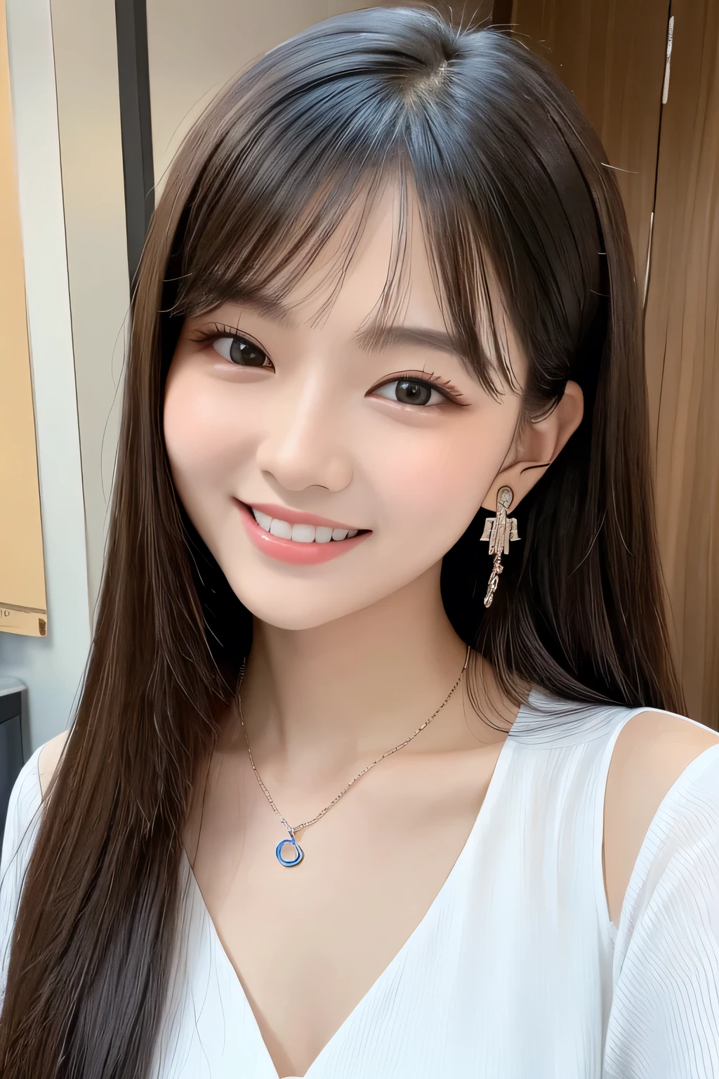 young woman、bionde、hairstyle semi long、ear piercing、Necklace around the neck、blouse、Emphasize the chest、smile、Beautiful teeth alignment、Intricate details, Very detailed:1.2), 、hair band、 Looking into the camera、The background is the office

