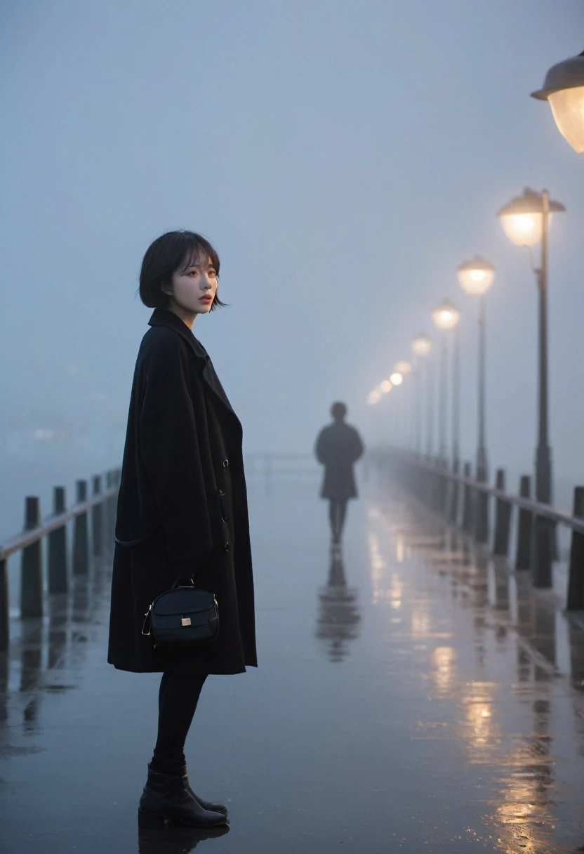 Korean woman,Short hair, black coat, cool,rain,blur,Fog,middle,cool,boring,,pier,only,Coast, The dim light shines in the Fog,and the figure stands in the Fog holding , street lights are on