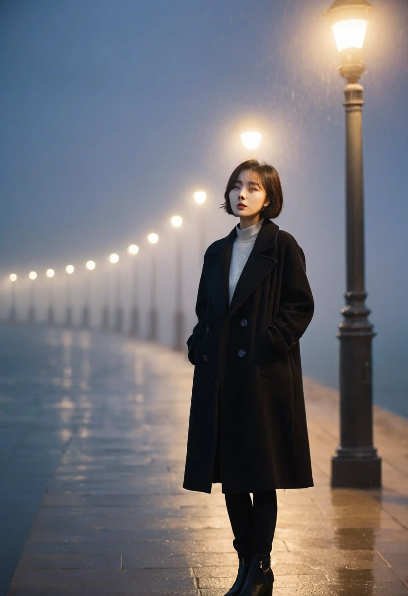 Korean woman,Short hair, black coat, cool,rain,blur,Fog,middle,cool,boring,,pier,only,Coast, The dim light shines in the Fog,and the figure stands in the Fog holding , street lights are on